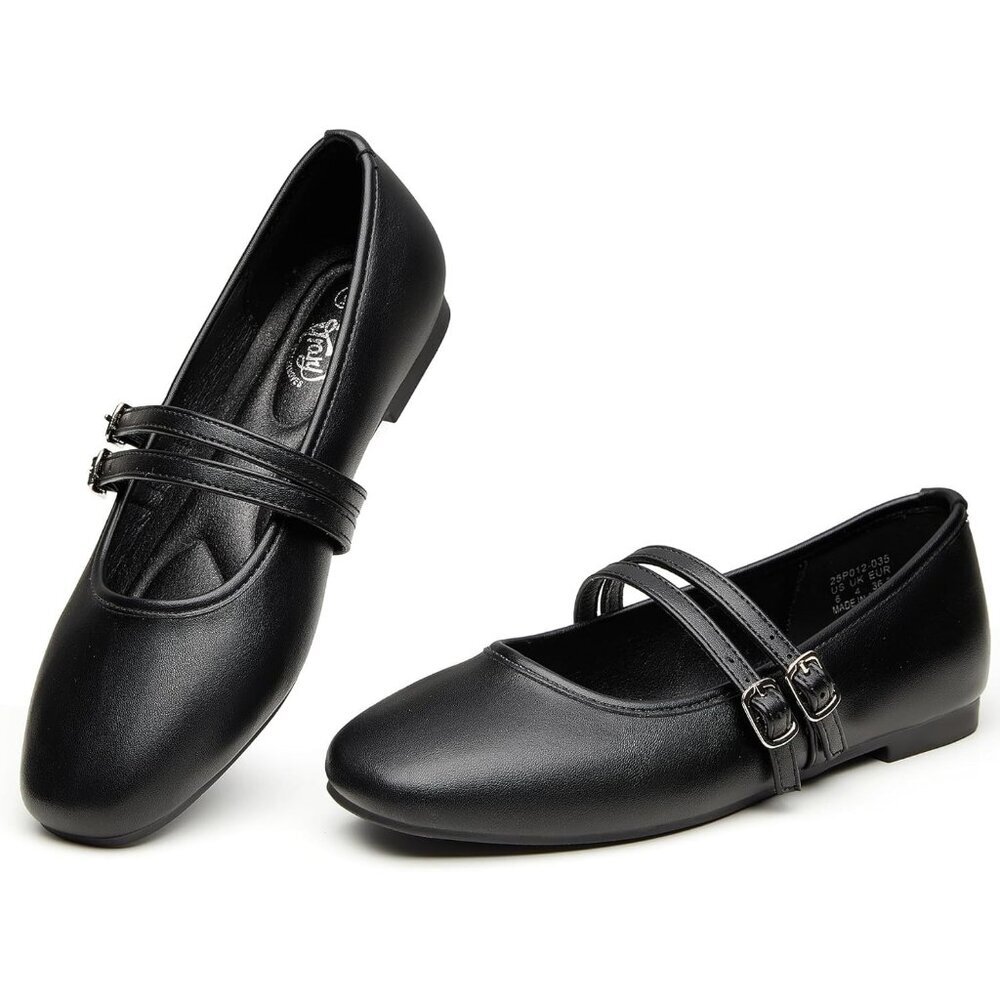 Trary Women Black Polyurethane (PU) Square Toe Slip On Buckle Strap Ballet Flats